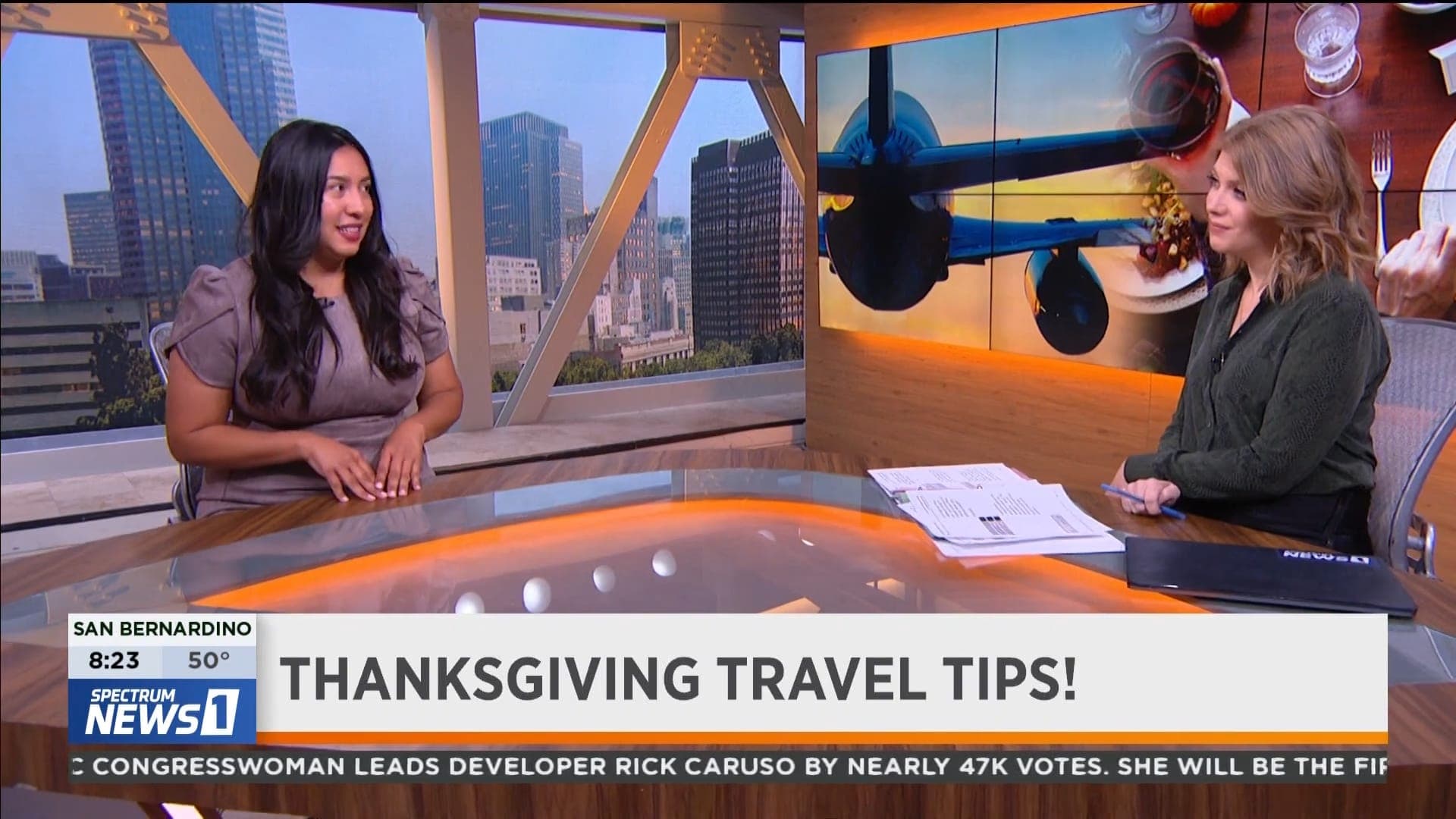 Jeannette Ceja reporting on Thanksgiving travel for Spectrum News 1